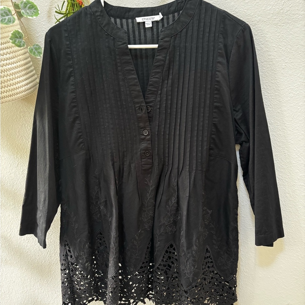 Chico's Black Pleated Mandarin Collar Blouse